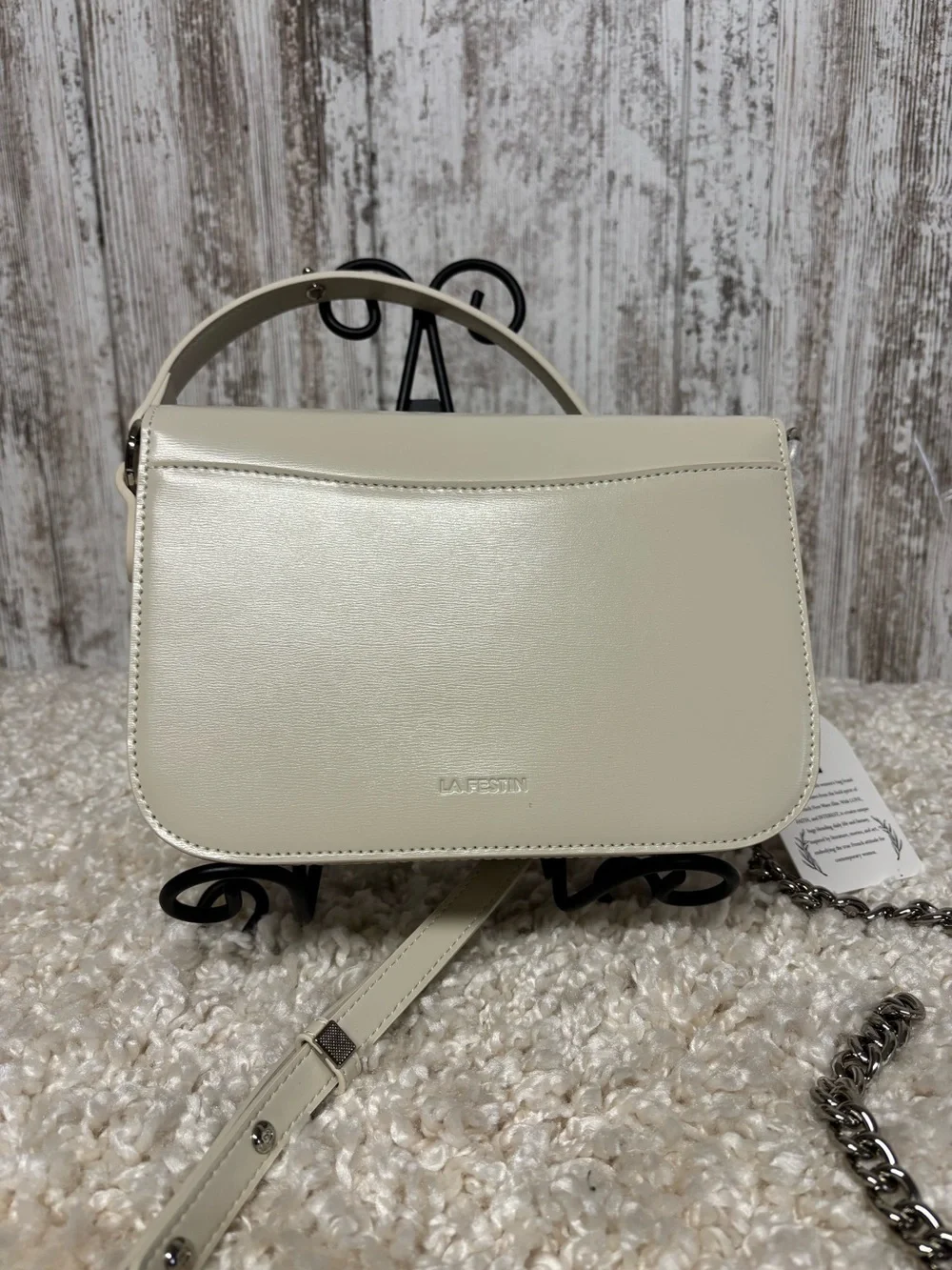 Cream Leather Shoulder /Crossbody Bag with Silver Chain